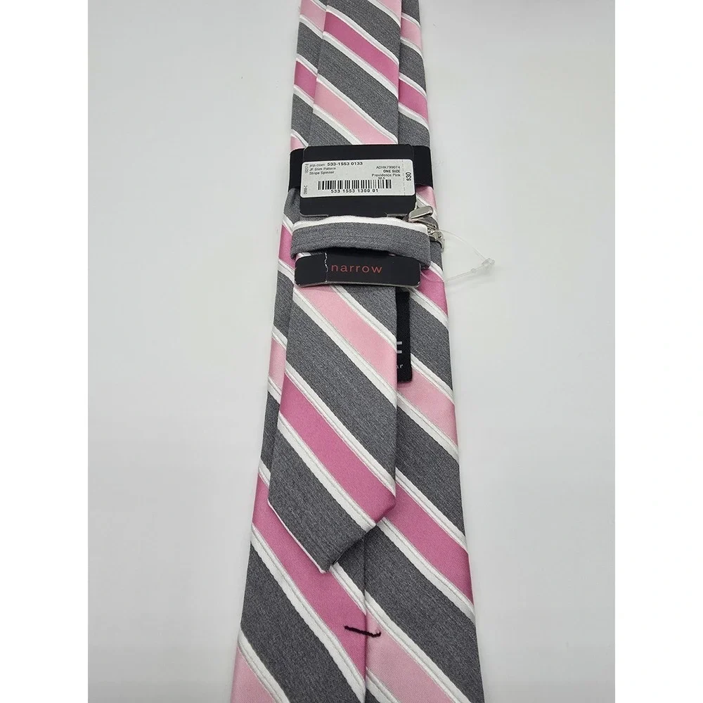 JF J. Ferrar Men's Polyester Pink White Gray Stripped Tie 58